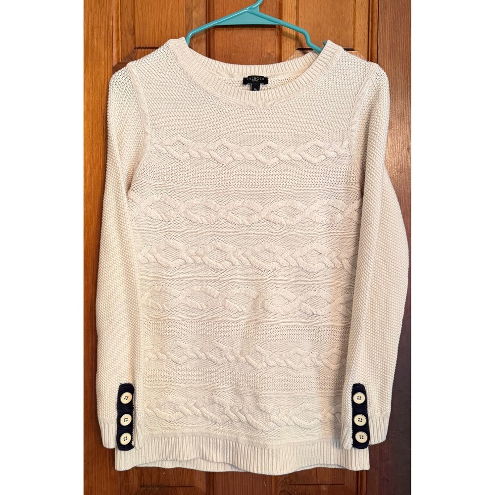 Talbots Petites Cream Cable Knit Button Cuff Sweater MP Ivory Nautical Crew Neck